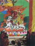 Lamas chanting scriptures in front of a Thangka